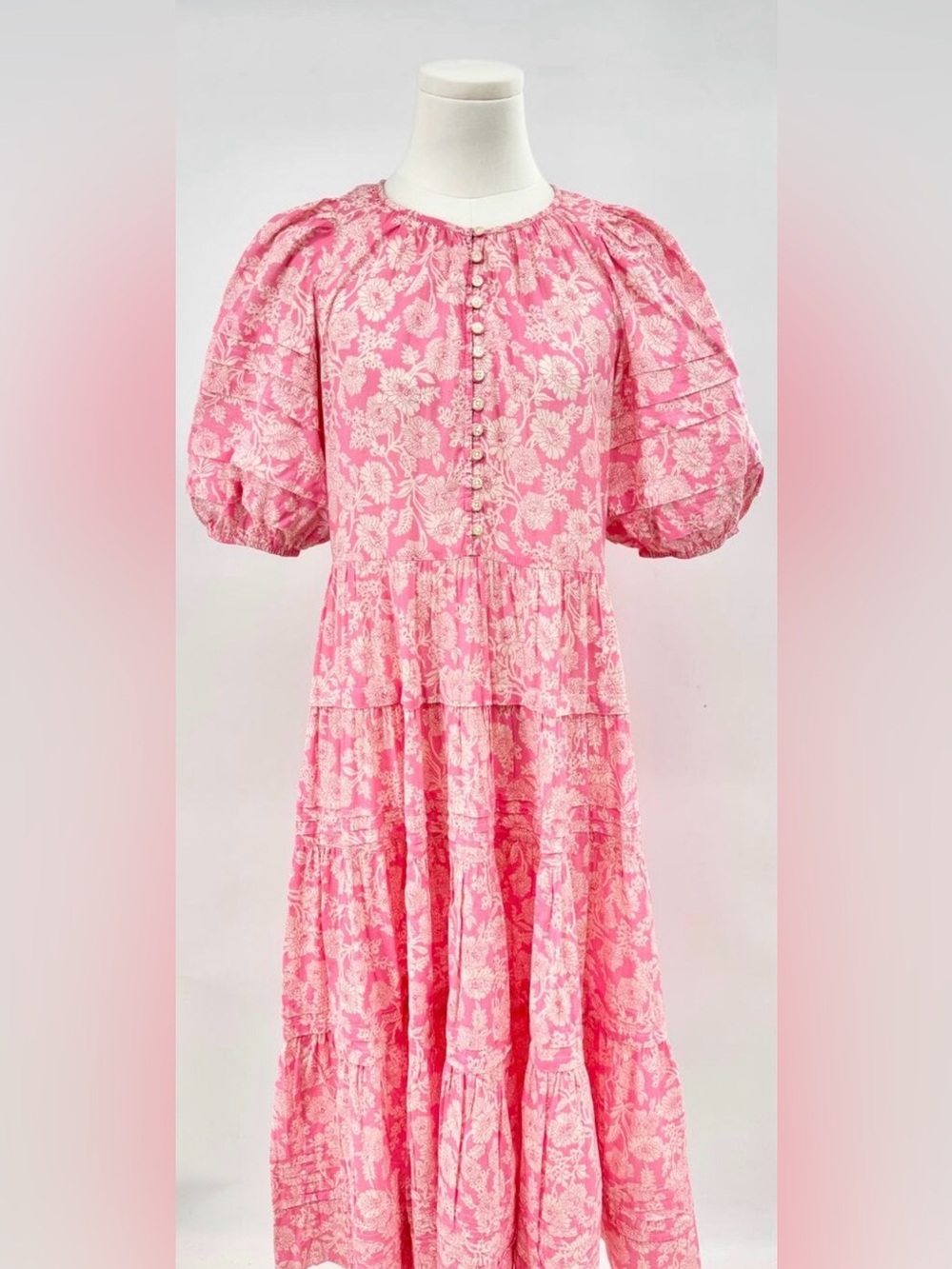 The Great Pleated Ravine Dress Pink Floral Tiered Midi Puff Sleeve XS